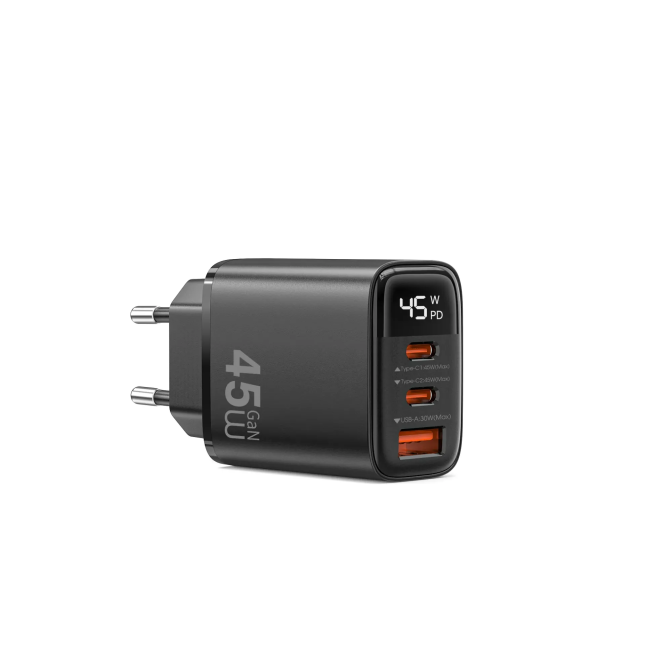 45W GaN Charger with 1 USB-A + 1 USB-C Port and Digital Display Firefly