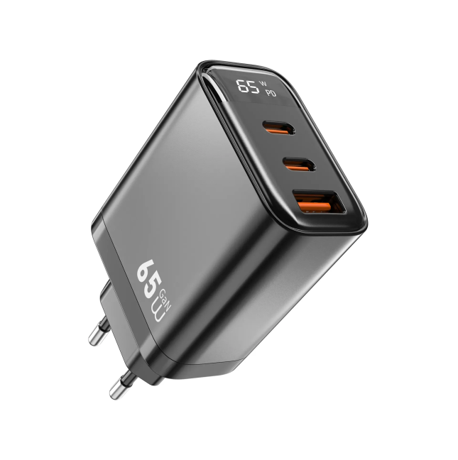 65W GaN Charger with 1 USB-A + 2 USB-C Ports and Digital Display Firefly
