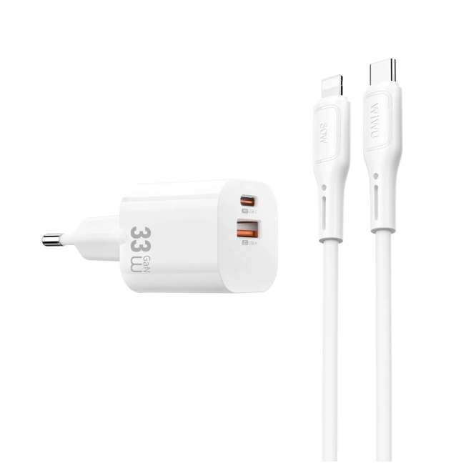 Cargador GaN USB-A y USB-C 33W con cable USB-C a Lightning Cube