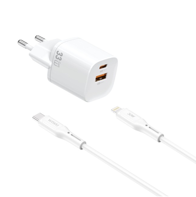 33W GaN USB-A & USB-C Charger with USB-C to Lightning Cable Cube
