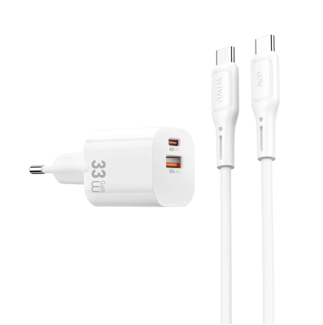 33W GaN USB-A & USB-C Charger with USB-C to USB-C Cable Cube