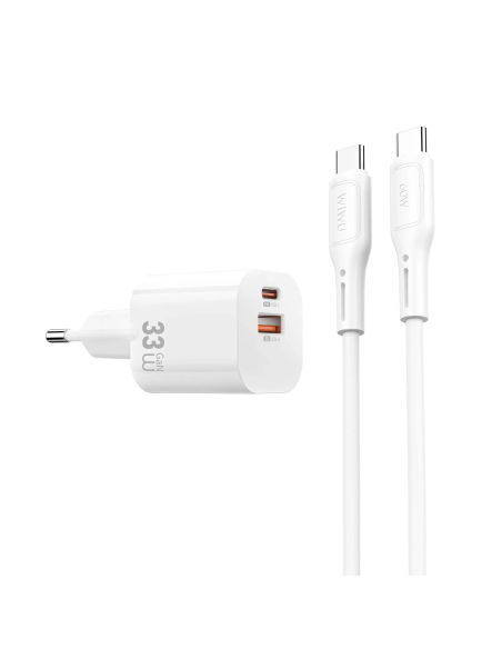 Cargador GaN USB-A y USB-C 33W con cable USB-C a USB-C Cube