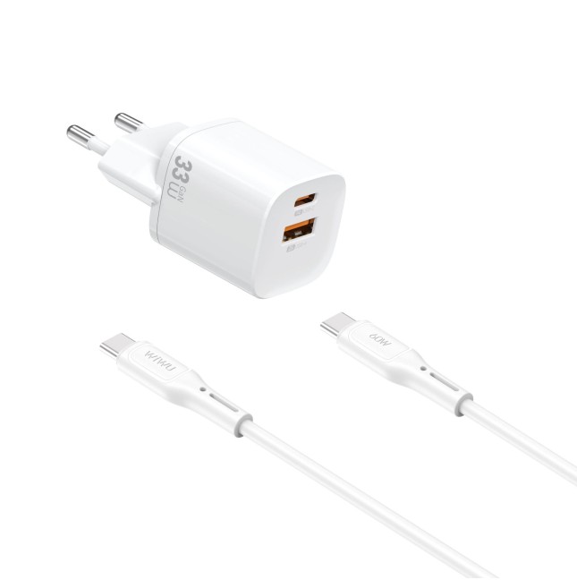 Cargador GaN USB-A y USB-C 33W con cable USB-C a USB-C Cube