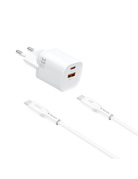 Cargador GaN USB-A y USB-C 33W con cable USB-C a USB-C Cube