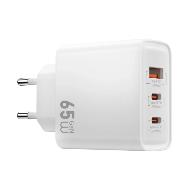 65 W GaN PD Fast Charger with USB-A and 2 USB-C
