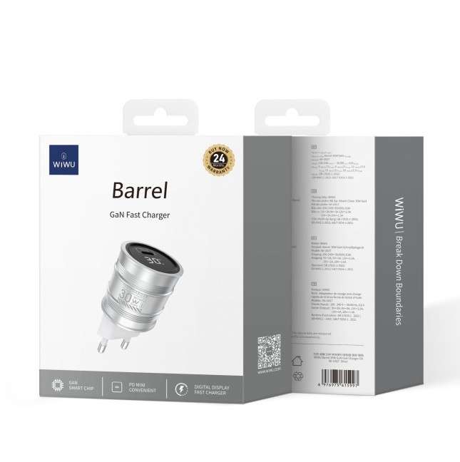 GaN Barrel 30W Fast Charger with Digital Display EU Plug