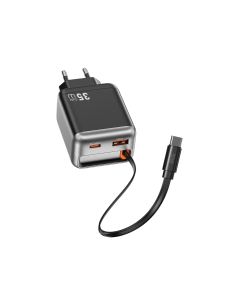 Cargador rápido PD GaN de 35 W con USB-A, USB-C y cable retráctil USB-C de 70 cm Helix