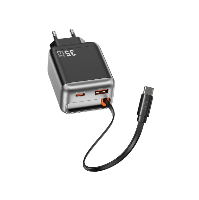 35 W GaN PD Fast Charger with USB-A, USB-C and 70 cm Retractable USB-C Cable Helix
