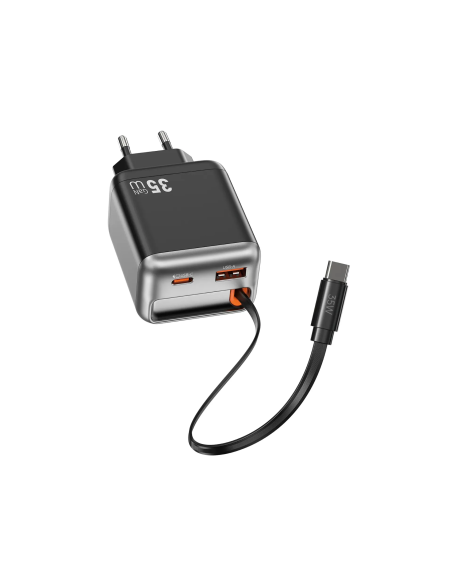 35 W GaN PD Fast Charger with USB-A, USB-C and 70 cm Retractable USB-C Cable Helix