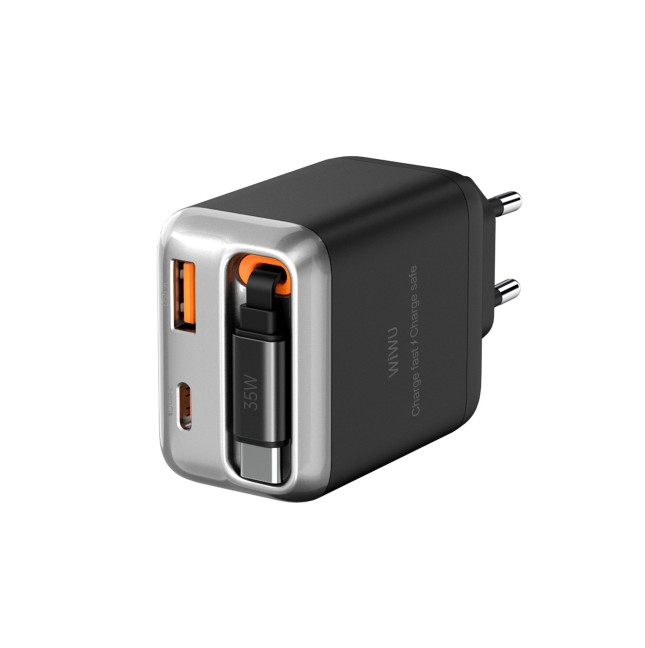 35 W GaN PD Fast Charger with USB-A, USB-C and 70 cm Retractable USB-C Cable Helix