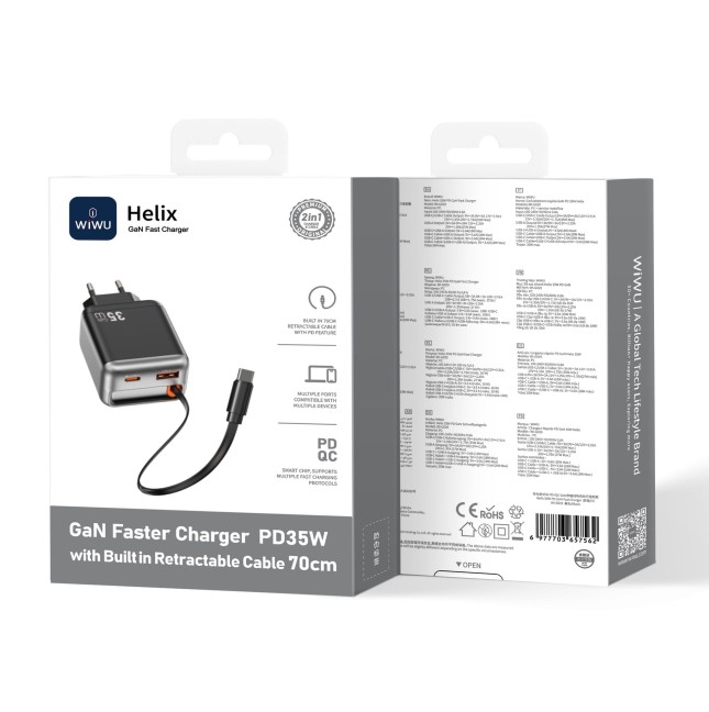 35 W GaN PD Fast Charger with USB-A, USB-C and 70 cm Retractable USB-C Cable Helix