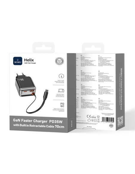 35 W GaN PD Fast Charger with USB-A, USB-C and 70 cm Retractable USB-C Cable Helix