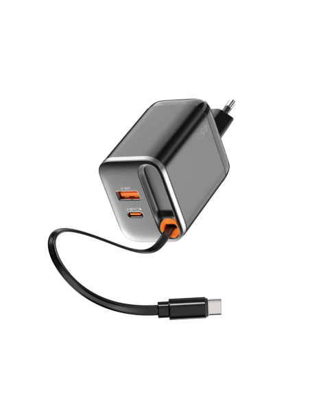 45 W GaN PD Fast Charger with USB-A, USB-C and 70 cm Retractable USB-C Cable Helix