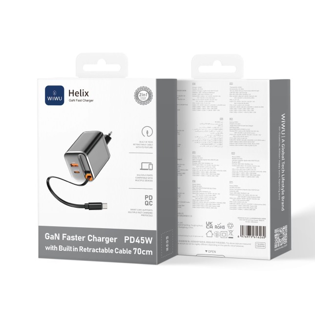 45 W GaN PD Fast Charger with USB-A, USB-C and 70 cm Retractable USB-C Cable Helix
