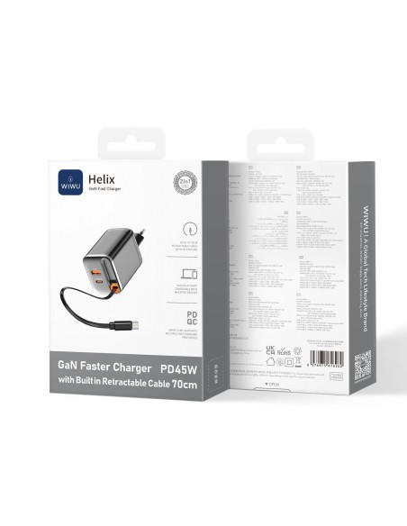 Cargador rápido PD GaN de 45 W con USB-A, USB-C y cable retráctil USB-C de 70 cm Helix