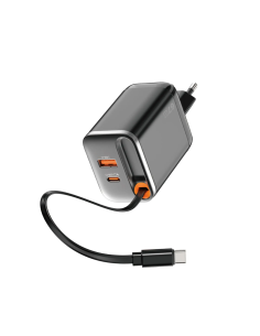 Cargador rápido PD GaN de 67 W con USB-A, USB-C y cable retráctil USB-C de 70 cm Helix