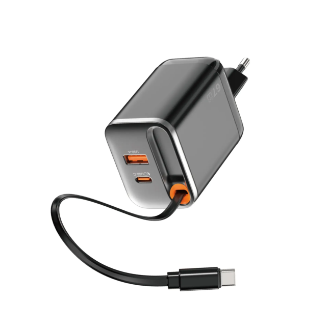 67 W GaN PD Fast Charger with USB-A, USB-C and 70 cm Retractable USB-C Cable Helix