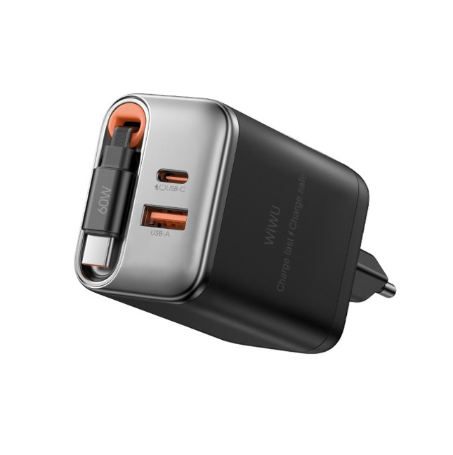 67 W GaN PD Fast Charger with USB-A, USB-C and 70 cm Retractable USB-C Cable Helix