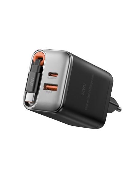 Cargador rápido PD GaN de 67 W con USB-A, USB-C y cable retráctil USB-C de 70 cm Helix
