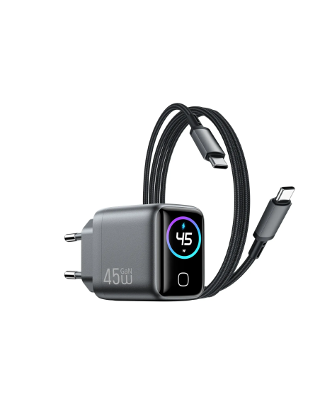 Cargador USB-C de 45 W con pantalla digital y cable USB-C a USB-C Voyager (Gris espacial)