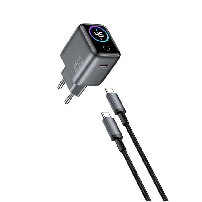 Cargador USB-C de 45 W con pantalla digital y cable USB-C a USB-C Voyager (Gris espacial)
