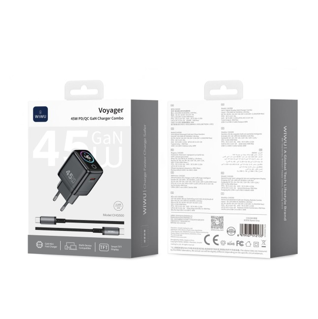 Cargador USB-C de 45 W con pantalla digital y cable USB-C a USB-C Voyager (Gris espacial)