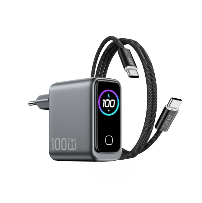Cargador USB-A + 2 USB-C de 100 W con pantalla digital y cable USB-C a USB-C Voyager (Gris espacial)