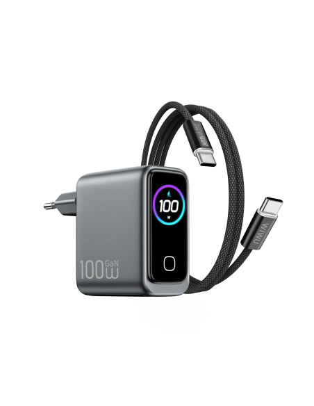 Cargador USB-A + 2 USB-C de 100 W con pantalla digital y cable USB-C a USB-C Voyager (Gris espacial)