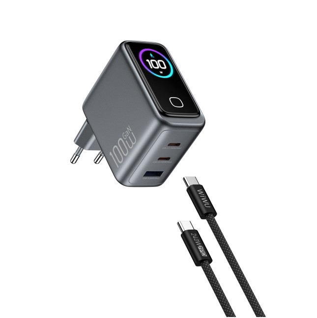 Cargador USB-A + 2 USB-C de 100 W con pantalla digital y cable USB-C a USB-C Voyager (Gris espacial)