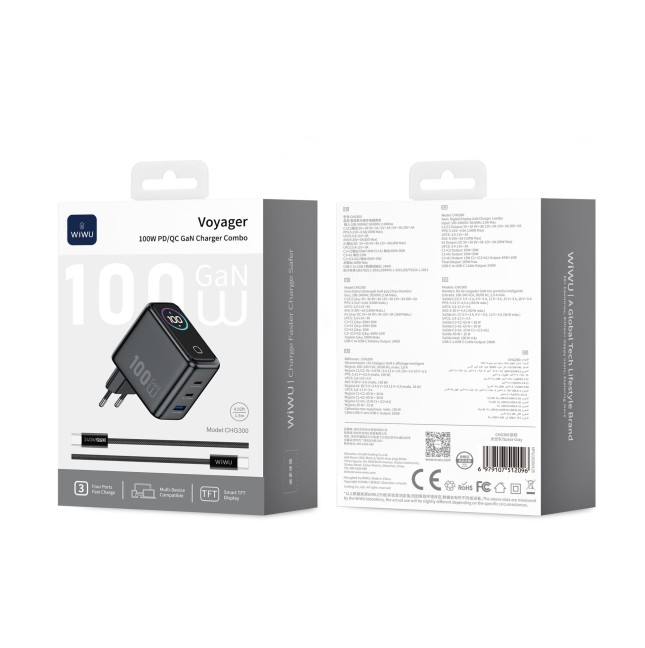 Cargador USB-A + 2 USB-C de 100 W con pantalla digital y cable USB-C a USB-C Voyager (Gris espacial)