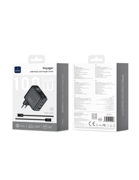 Cargador USB-A + 2 USB-C de 100 W con pantalla digital y cable USB-C a USB-C Voyager (Gris espacial)