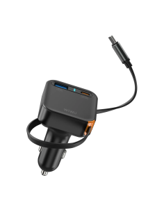 65 W GaN PD Car Charger with USB-A, USB-C and 70 cm Retractable USB-C Cable Helix