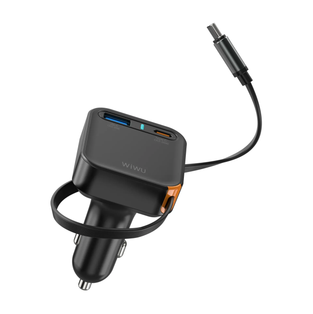 65 W GaN PD Car Charger with USB-A, USB-C and 70 cm Retractable USB-C Cable Helix
