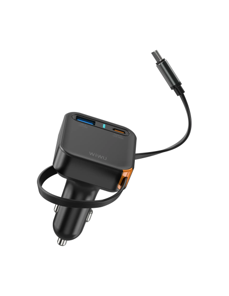 65 W GaN PD Car Charger with USB-A, USB-C and 70 cm Retractable USB-C Cable Helix