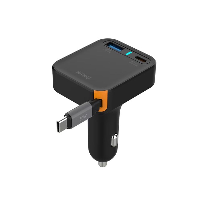 65 W GaN PD Car Charger with USB-A, USB-C and 70 cm Retractable USB-C Cable Helix