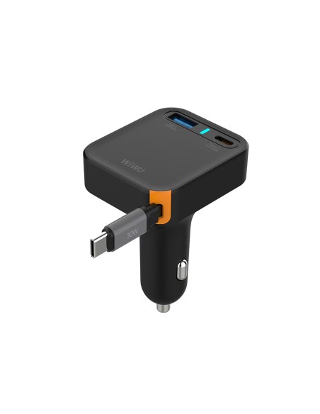 Cargador de coche PD GaN de 65 W con USB-A, USB-C y cable retráctil USB-C de 70 cm Helix