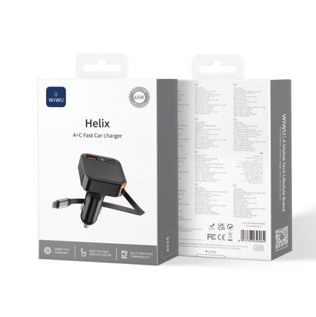 65 W GaN PD Car Charger with USB-A, USB-C and 70 cm Retractable USB-C Cable Helix