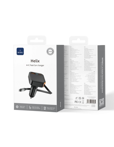 Cargador de coche PD GaN de 65 W con USB-A, USB-C y cable retráctil USB-C de 70 cm Helix