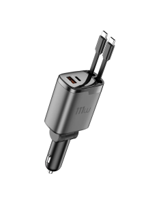 Cargador de coche PD GaN de 111 W con USB-A, USB-C y dos cables retráctiles USB-C de 70 cm Helix