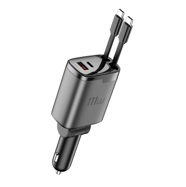 111 W GaN PD Car Charger with USB-A, USB-C and Two 70 cm Retractable USB-C Cables Helix
