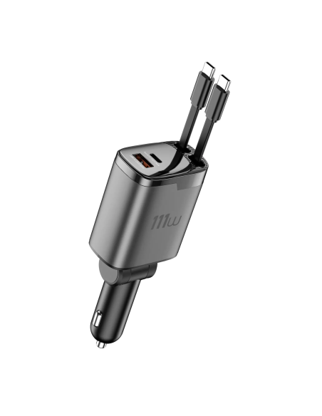 Cargador de coche PD GaN de 111 W con USB-A, USB-C y dos cables retráctiles USB-C de 70 cm Helix