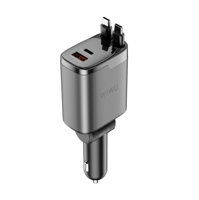 111 W GaN PD Car Charger with USB-A, USB-C and Two 70 cm Retractable USB-C Cables Helix