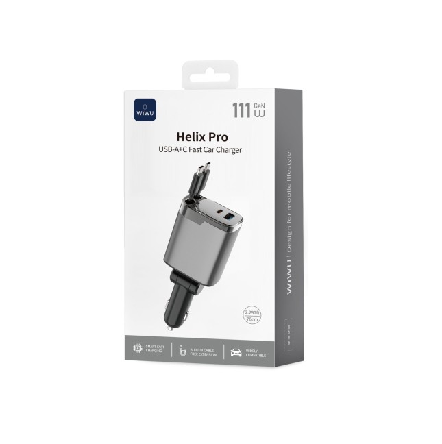 Cargador de coche PD GaN de 111 W con USB-A, USB-C y dos cables retráctiles USB-C de 70 cm Helix