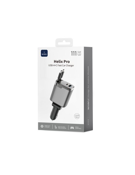 111 W GaN PD Car Charger with USB-A, USB-C and Two 70 cm Retractable USB-C Cables Helix