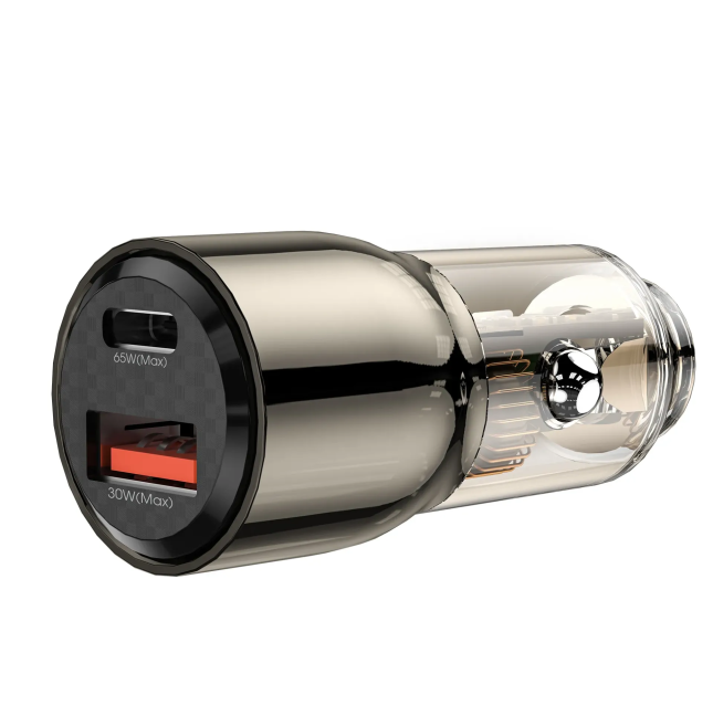Cargador rápido para coche PD+QC de 95 W con acabado en aleación de zinc y negro transparente