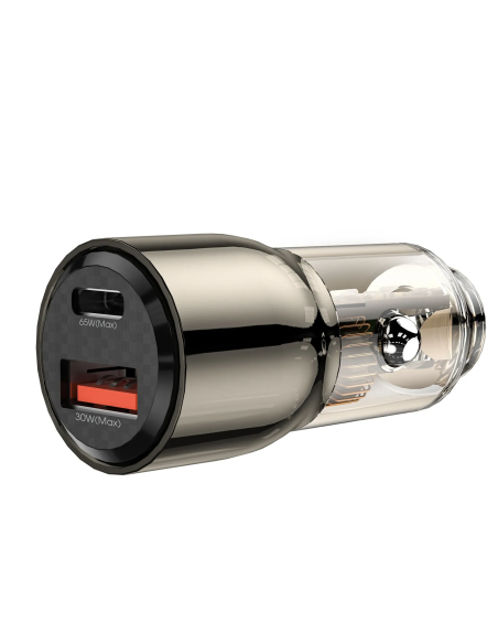 Cargador rápido para coche PD+QC de 95 W con acabado en aleación de zinc y negro transparente