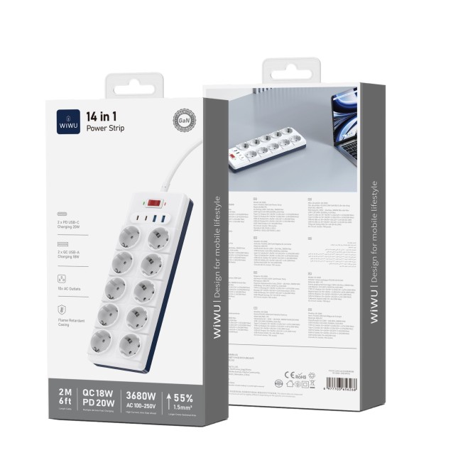 Regleta de Enchufes GaN 14 en 1 con USB-C PD 20 W y 10 Tomas