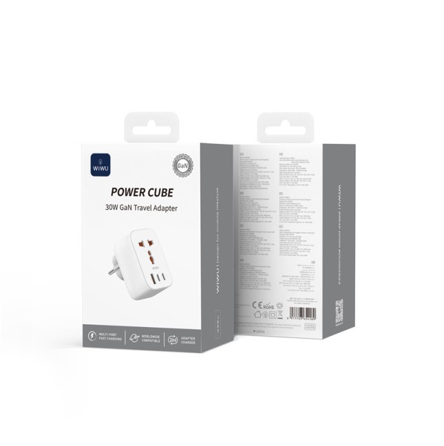 Adaptador enchufe universal GaN 30 W con 2 USB-C y USB A Power Cube