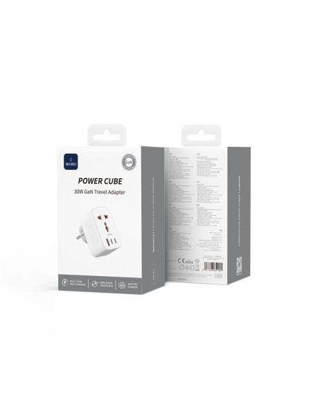 Adaptador enchufe universal GaN 30 W con 2 USB-C y USB A Power Cube