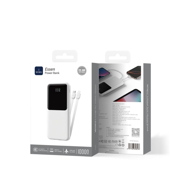 22.5W 10,000mAh Power Bank with Built-in Cables Essen (White)